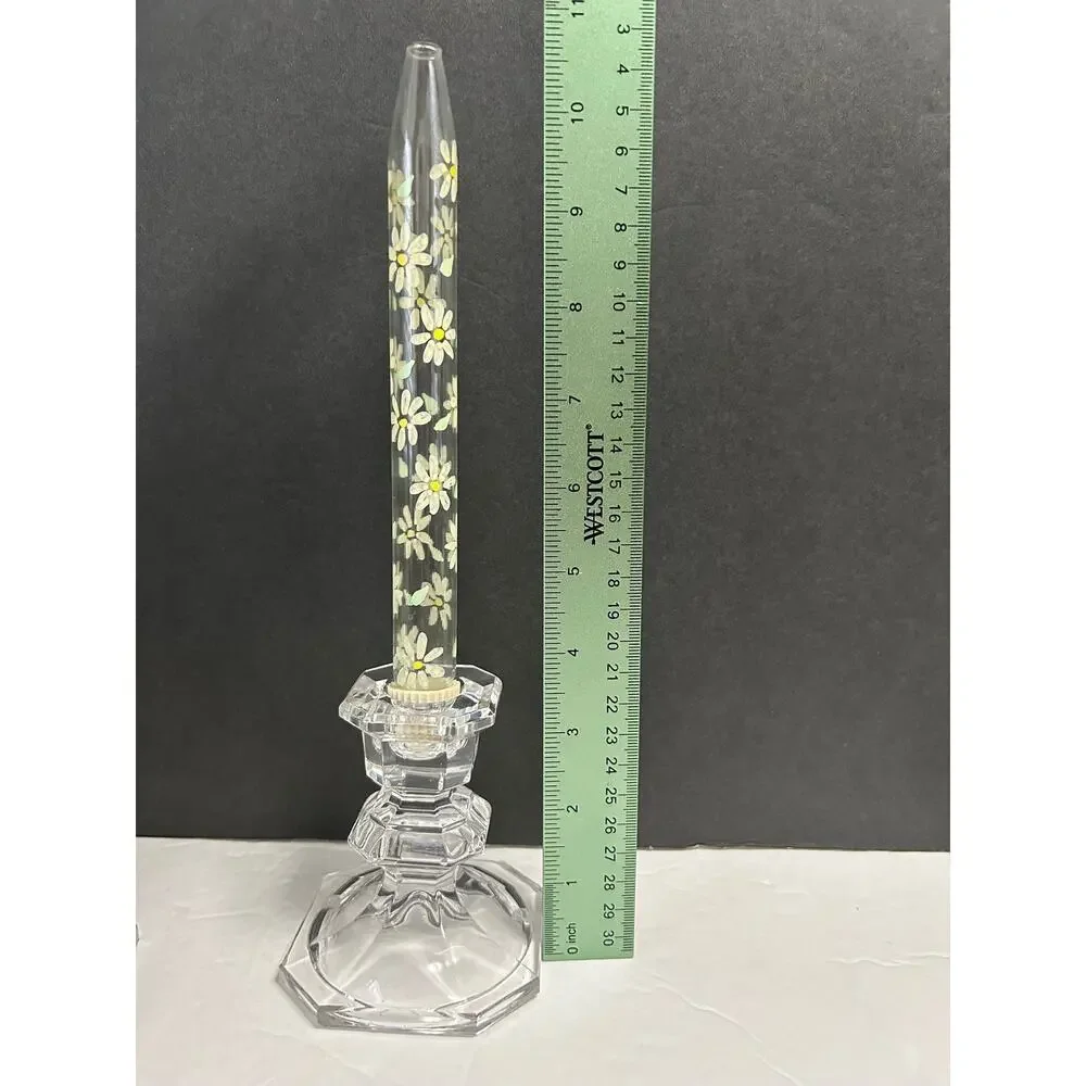 Glass‎ Oil Lamp Candles Handpainted Daisies With Glass Candlesticks